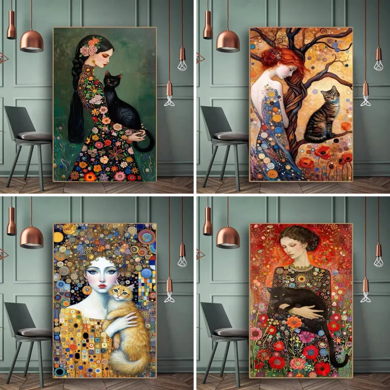 

Abstract Woman and Cat Canvas Painting Wall Art Gustav Klimt Art Elegant Girl Poster Prints for Office Living Room Home Decor