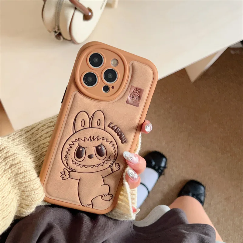 Labubu 3D Leather Pattern Cute Phone Case iPhone 13 14 15 16 Leather Color Plated Anti Shock  Fall Winter Girl Gift