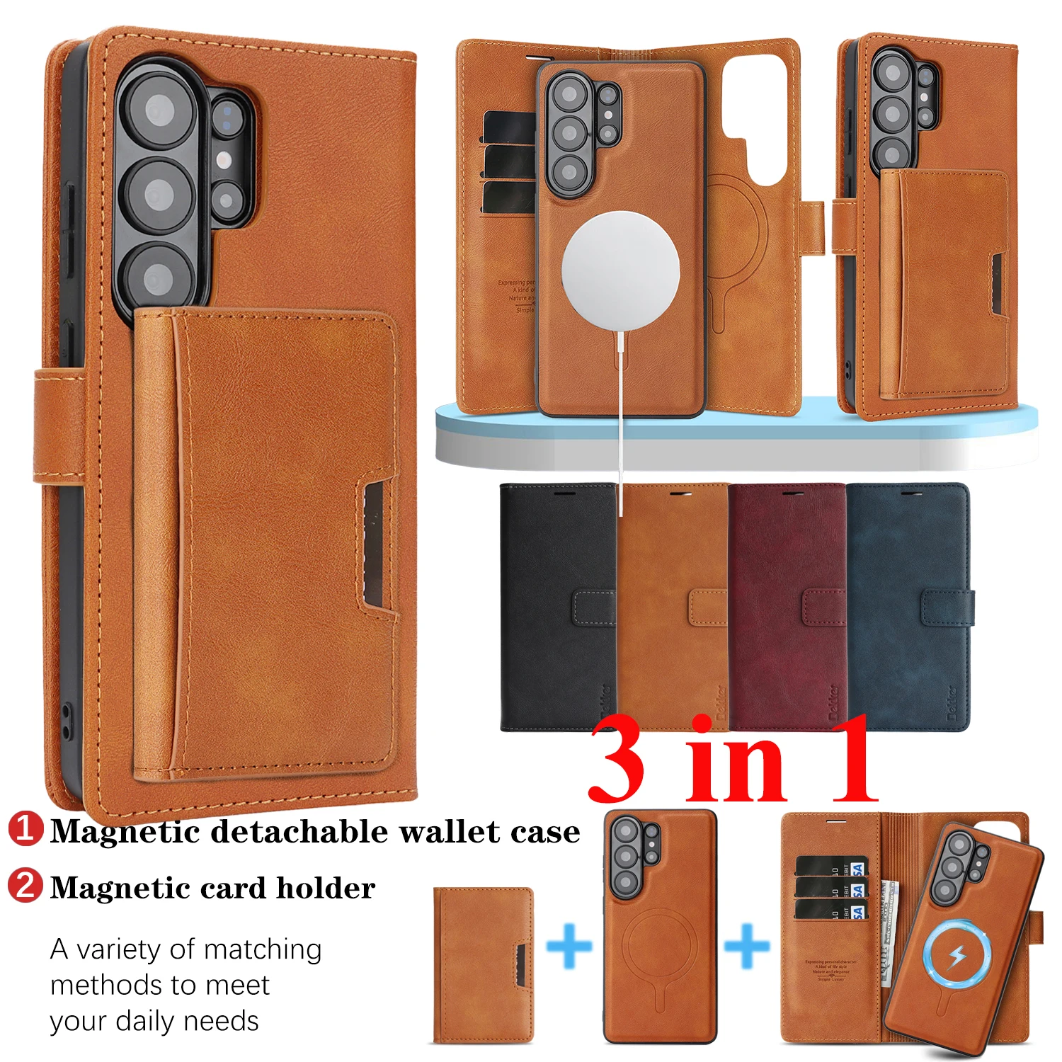 Étui portefeuille en cuir 3 en 1 pour Samsung Galaxy S26 S25 Ultra S24 Plus S23 S25U S24U, avec porte-cartes magnétique, fentes pour cartes, housse de téléphone