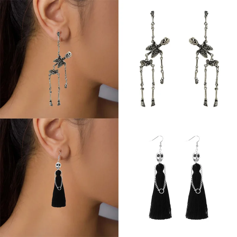 

Vintage Creative Halloween Skull Dangle Earrings for Women Gothic Skeleton Metal Drop Earring Party Statement Pierced Ear Gifts