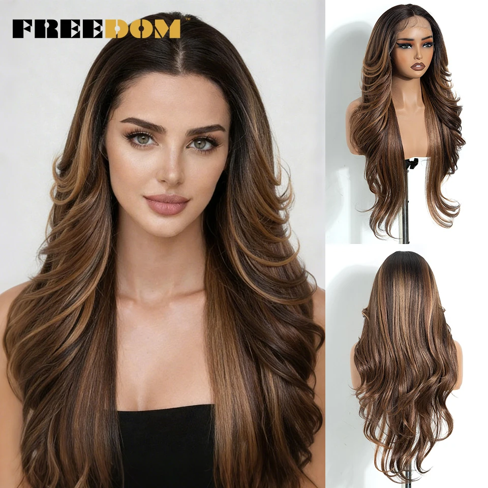 

Синтетические парики FREEDOM с кружевной передней частью для женщин, 28 дюймов, длинные, многослойные, волнистые, с Т-образной частью, омбре, коричнево-русые, с челкой, для косплея