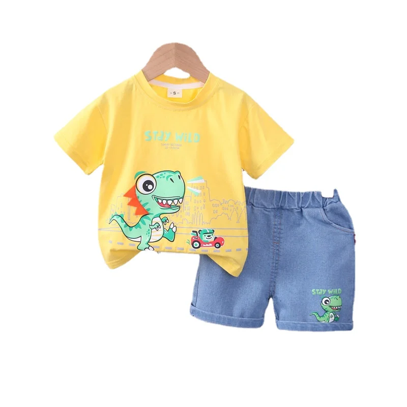 New Kids Cartoon Car Outfit Dinosaur T-shirt Shorts 2Pcs/Set New Fashion Baby Boys Girl Clothing Children Tracksuits 0-5 Years