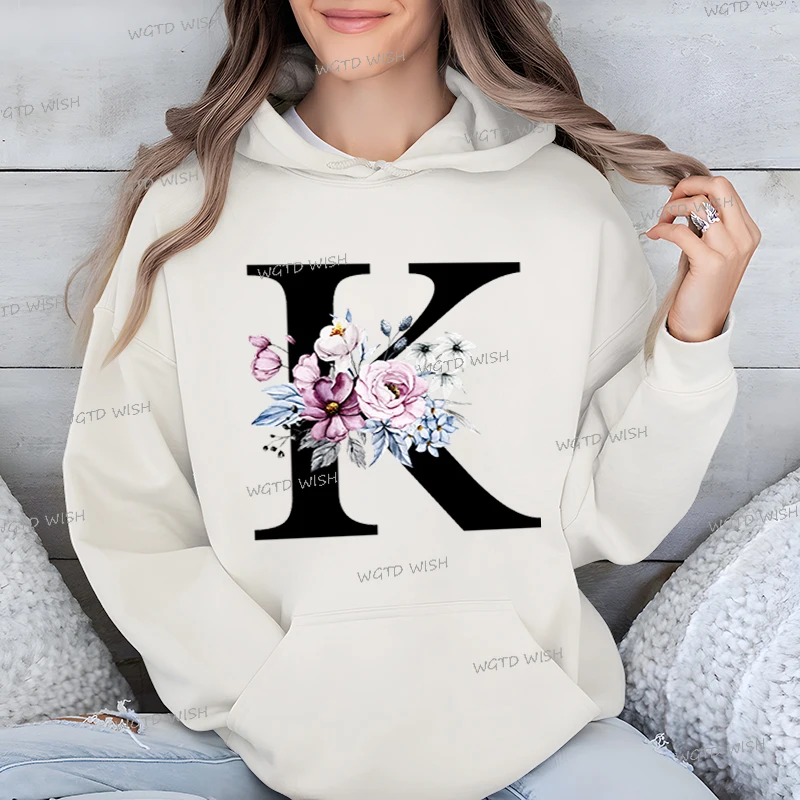 Rose Letter Print Hoodies Women Fashion Long Sleeves Loose Hooed Aesthetic Floral Alphabet A-Z Autumn Female Y2K Sweatshirts