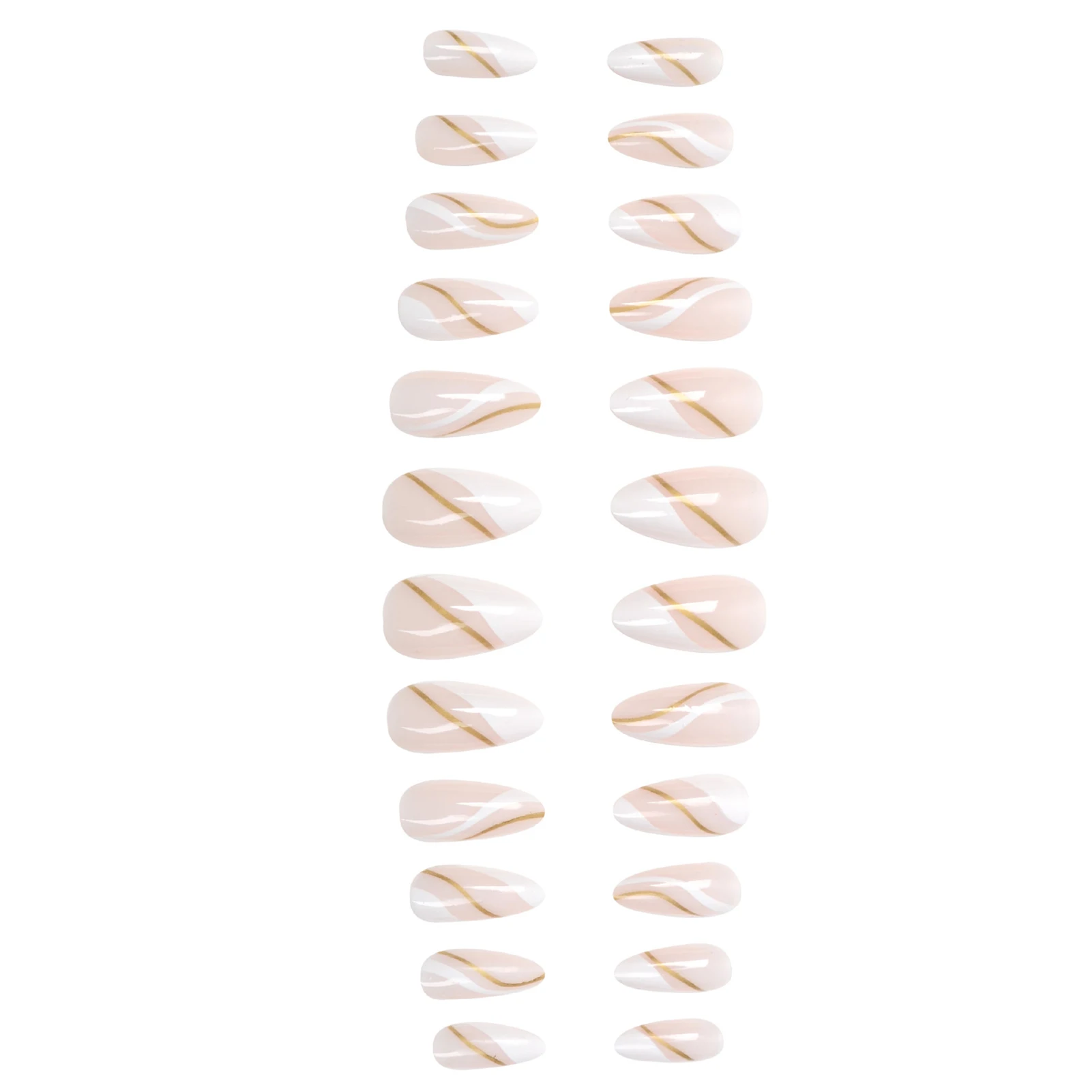 Gold & White Line Almond Fake Nails Durable Full Cover False Nails for Daily Everyday Wearing