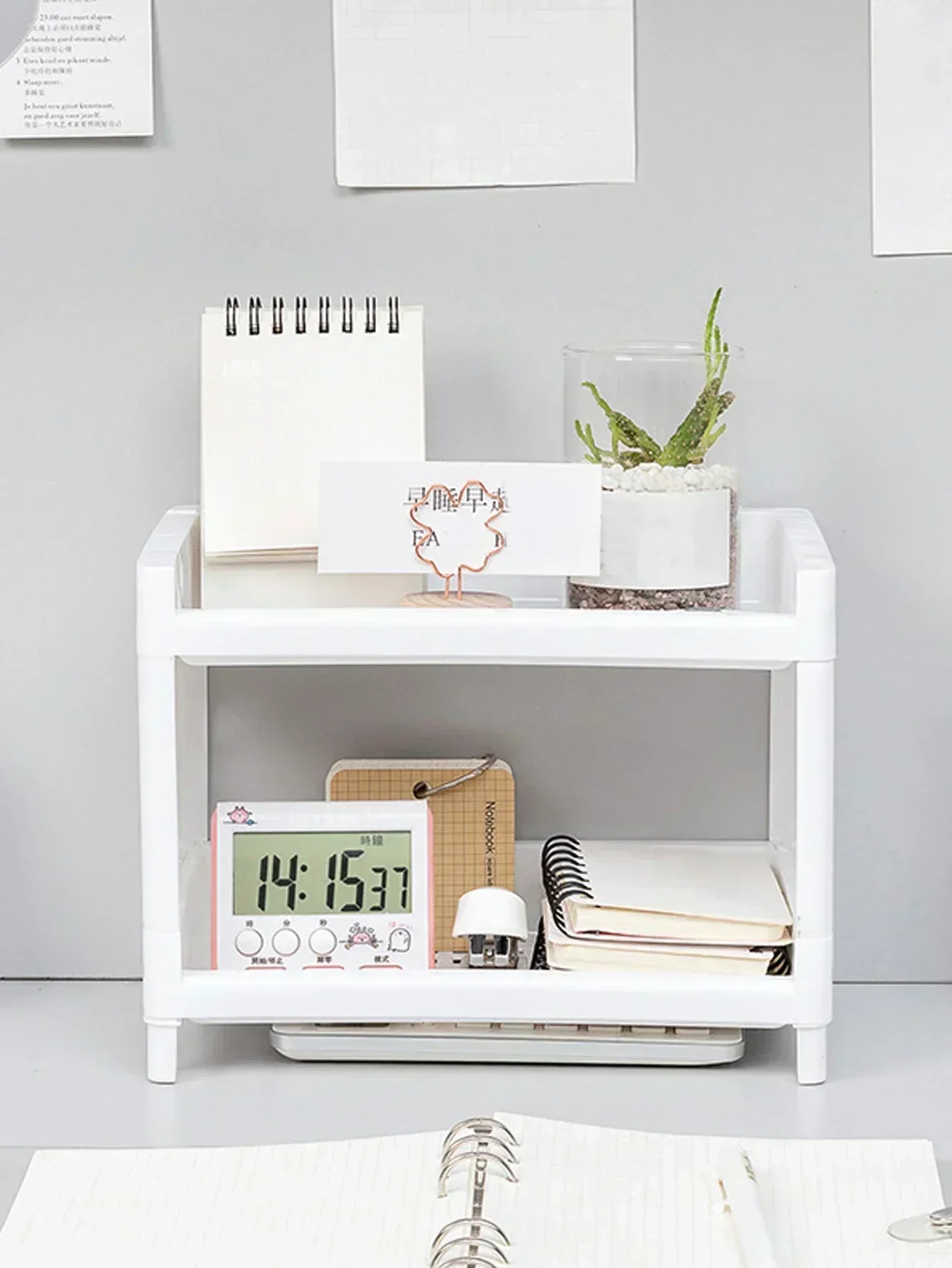 PP Desktop Double Layer Storage Rack Rectangular White Organizing Student Desk Office Cosmetics Stationery Shelf