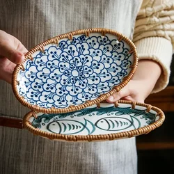 New Japanese Tableware Rattan Woven Fruit Plate Dry Fruit Tray Cake Candy Snack Ceramic Basket Specialty Plates Specialty Plates