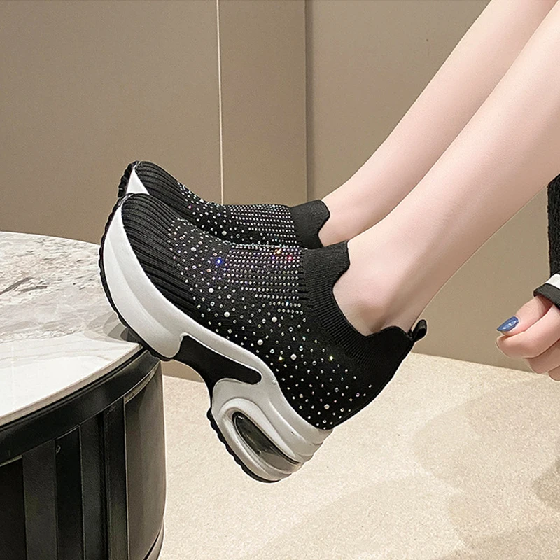 

ZHUOFU Air Cushion Shoes for Women Lightweight Breathable Hiking Shoes Rhinestone Platform Wedge SLIP-ON Sneakers Loafers