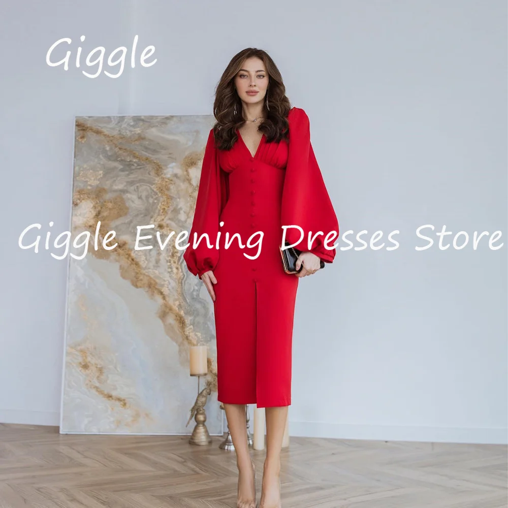 

Giggle Crepe Straight V-neck Ruffle Formal Elegant Prom Gown Tea-length luxury Evening Pretty Party Dresses for Women 2025