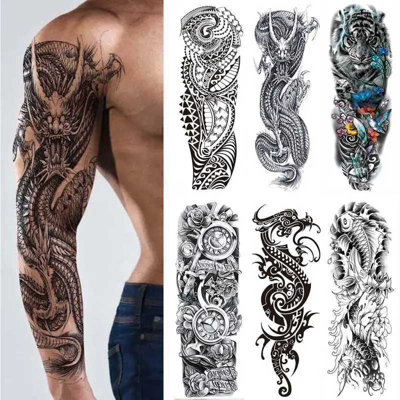 Men's Temporary Tattoos Large Arm Sleeve Tattoo Sticker Dragon Tiger Fish Full Skull Totem Wolf Waterproof Fake Tatoo for Women