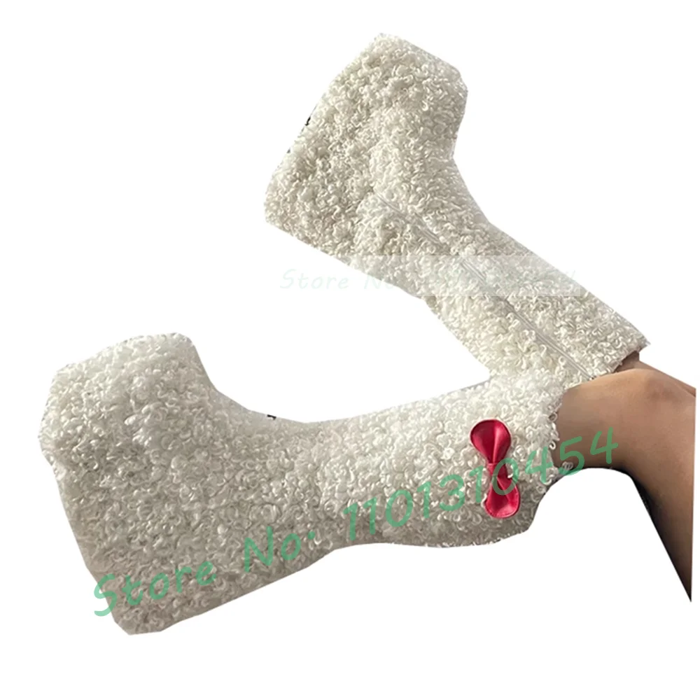 White Platform Wool Knee High Boots With Bowknot Decal Women Lovely Warm Furry Snow Boots Women Outfit Slouchy Side-zipper Shoes