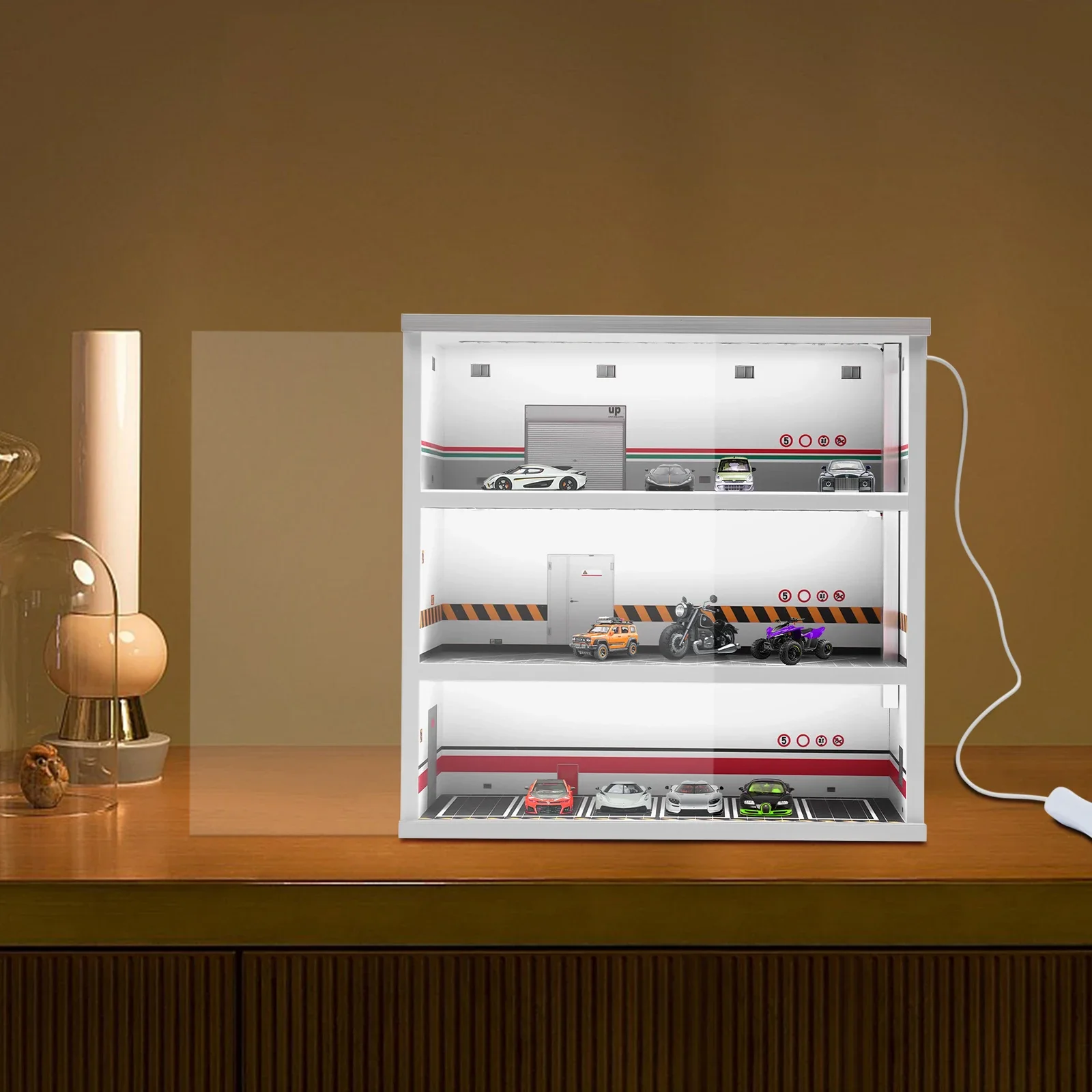 Model Car Display Cabinet, 3-Tier LED Lit, Dust-proof Door, PVC and Acrylic, 1:64 Scale, for Home and Office Decor