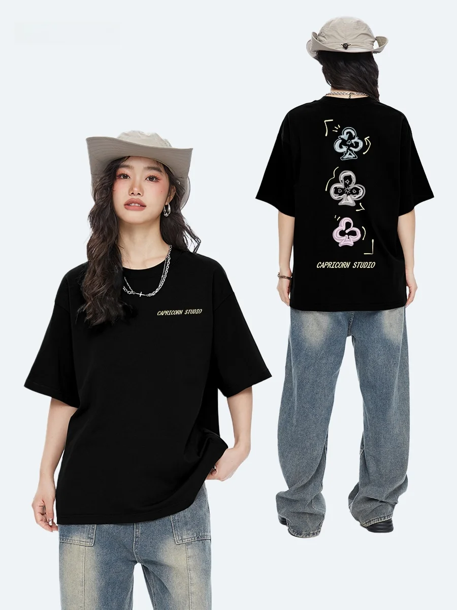 capricorn-pure-cotton-poker-print-short-sleeve-women's-t-shirt-summer-new-style-casual-loose-fit-round-neck-top
