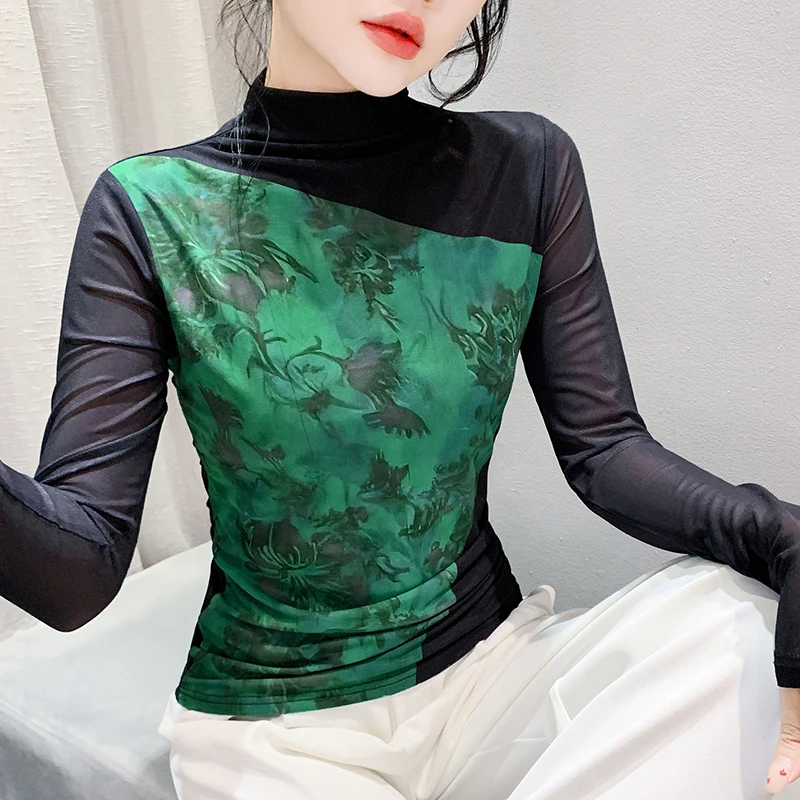 Autumn New High Neck Long Sleeve Mesh Positioning Printing T-shirt Women's Intimated Silk Light Fabric T Shirts Tops For Female