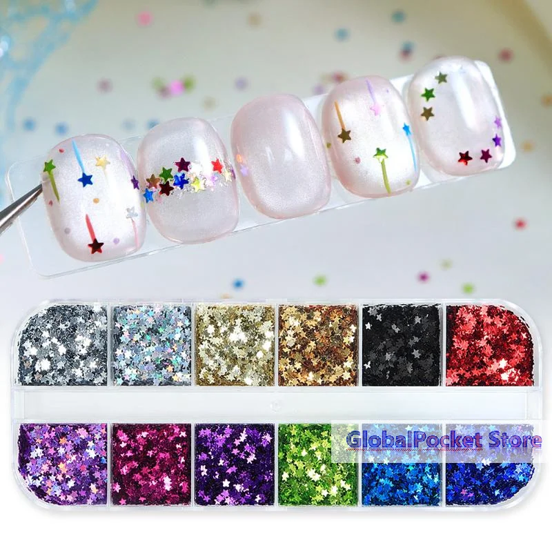 12 Grids/Box 3D Mini Star Nail Glitter Sequins 2mm Holographic Love Pentagram Flakes Sparkling Nail Art Decorations Paillettes