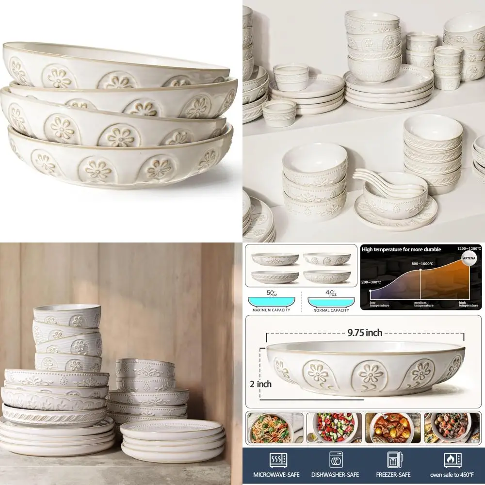 

pasta bowls, 50oz large salad serving bowls, 9.75'' plates bowls set of 4, big white ceramic soup bowls for kitchen, embossment