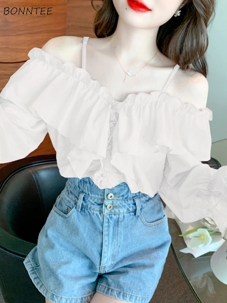 

Off Shoulder Blouses Women Designed Chiffon Ruffles Temper Casual Gentle Tops Aesthetic Clothing Korean Fashion Sexy Womens Ins
