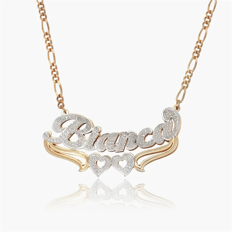 

DHQH Personalized 18K Gold Name Necklace Customized Double Layer Nameplate Stainless Steel Jewelry Women's Figaro Chain Necklace