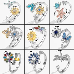 Butterfly Flower Crystal Anxiety Relife Spinning Women'S Rings 2024 Trend Cute Animal Dragonfly Rotating Ring Fidget Spinner