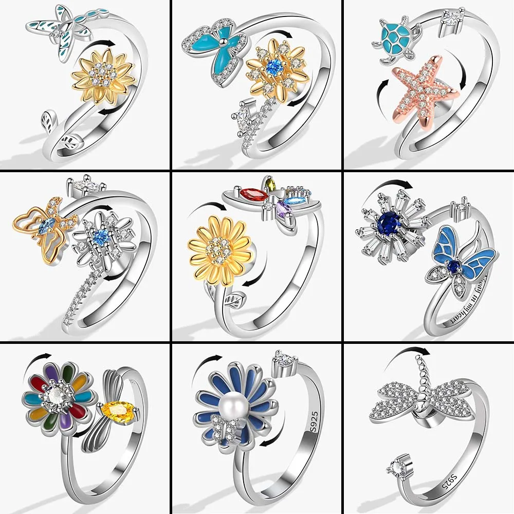 Butterfly Flower Crystal Anxiety Relife Spinning Women'S Rings 2024 Trend Cute Animal Dragonfly Rotating Ring Fidget Spinner