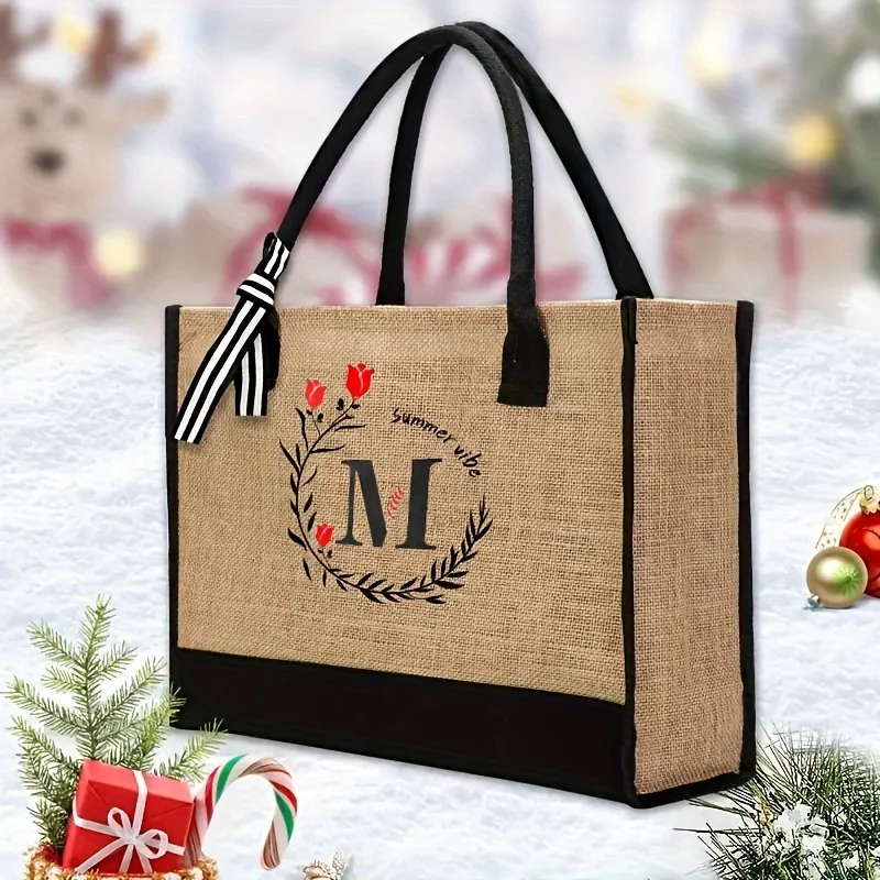 1PCS Handbag Initial Travel Handbag Pure Natural Cotton and Hemp Large Capacity Fashion Shopping Bag Men\'s and Women\'s Handbags