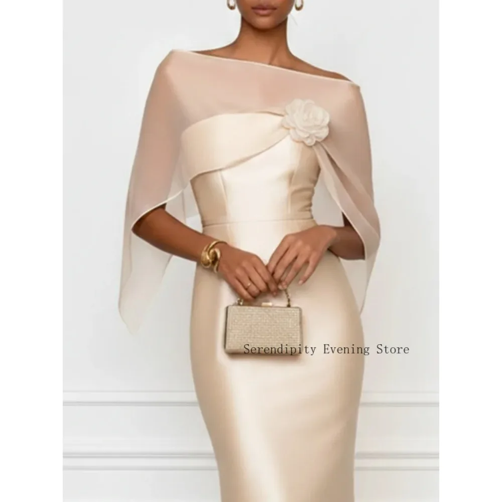 Customized Champagne 3D Floral Mother of Birde Dresses 2026 for Women Wedding Satin Evening Dress Mermaid Prom Party Gowns Midi image 3