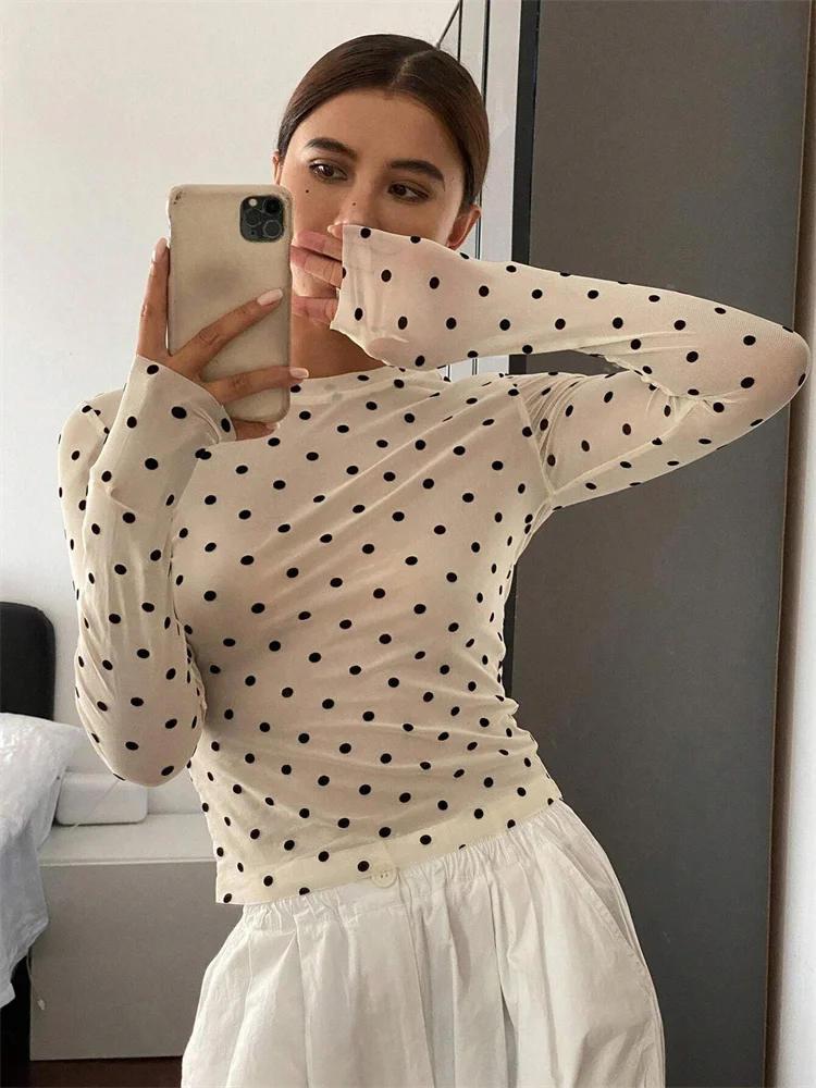 Mesh Long Sleeve Round Neck T-shirt for Women Summer Sexy See Through Slim Fit Top Streetwear