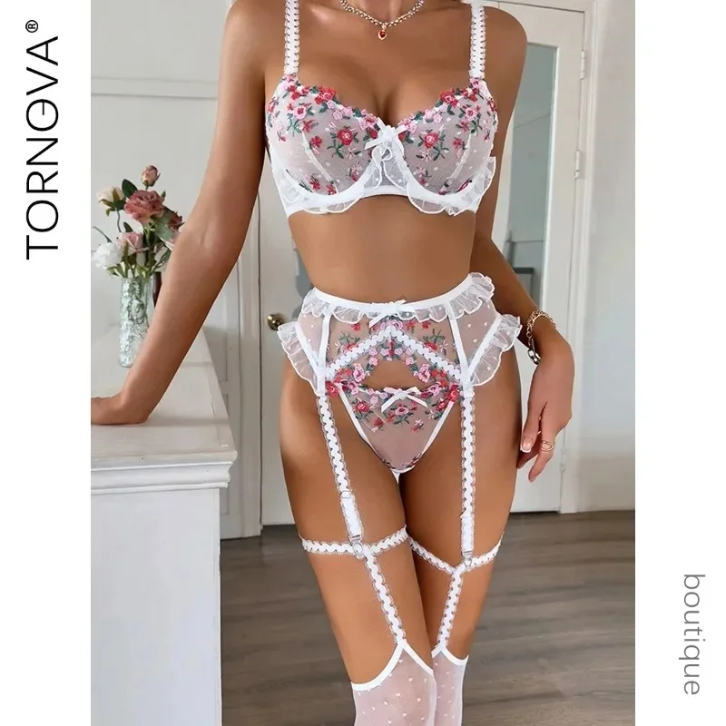 

Tornova сексуальное сетчатое нижнее белье, трусики с подвязками, лоскутная вышивка, прозрачная цветочная прозрачная тонкая девушка, интересный полый романтический комплект с разрезом