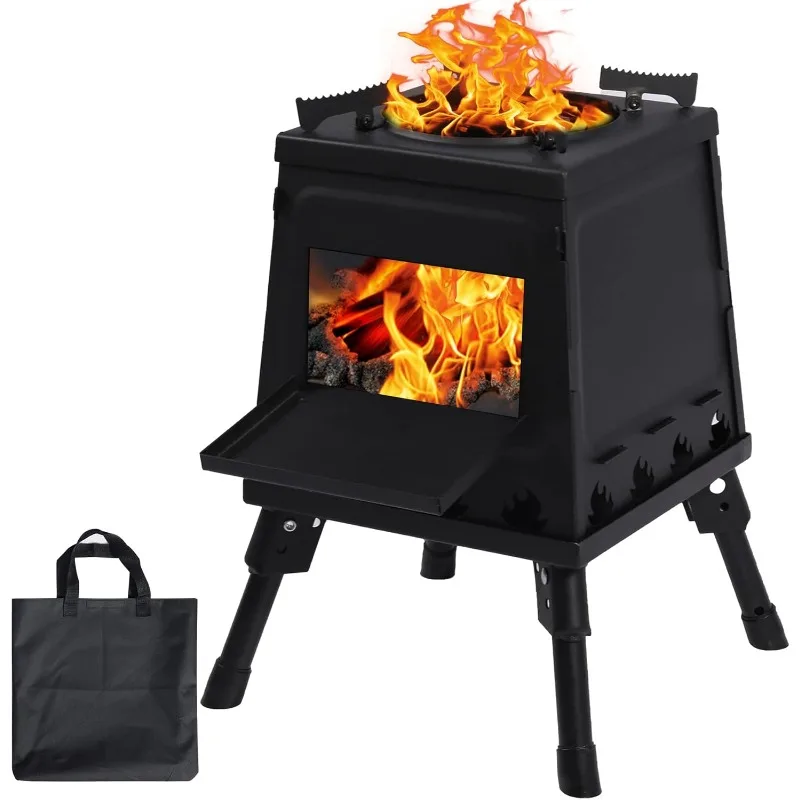 Burning Camp Stove, Portable Cast Iron Camping Wood Stove, Black Woodstove with Carrying Case for Backpacking