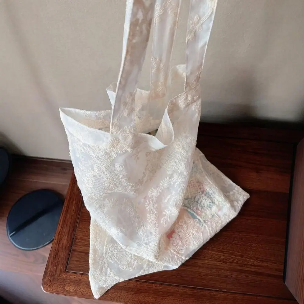 

Fashion Soft Embroidered Floral Shoulder Bag Large Capacity Organza Lace Handbag Portable Cloth bag Women