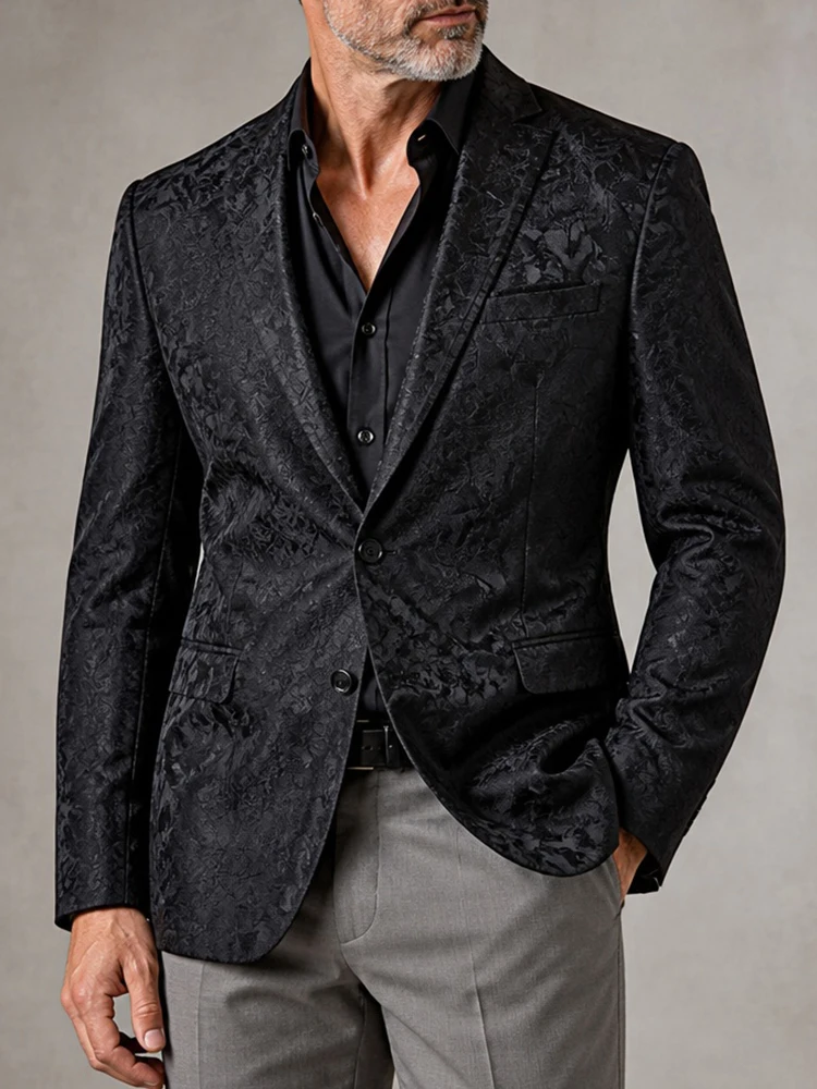 Men's Classic Black Jacquard Blazer Single Breasted Long Sleeve Slim Floral Pattern Suit Jacket For Formal Wedding Party Evening