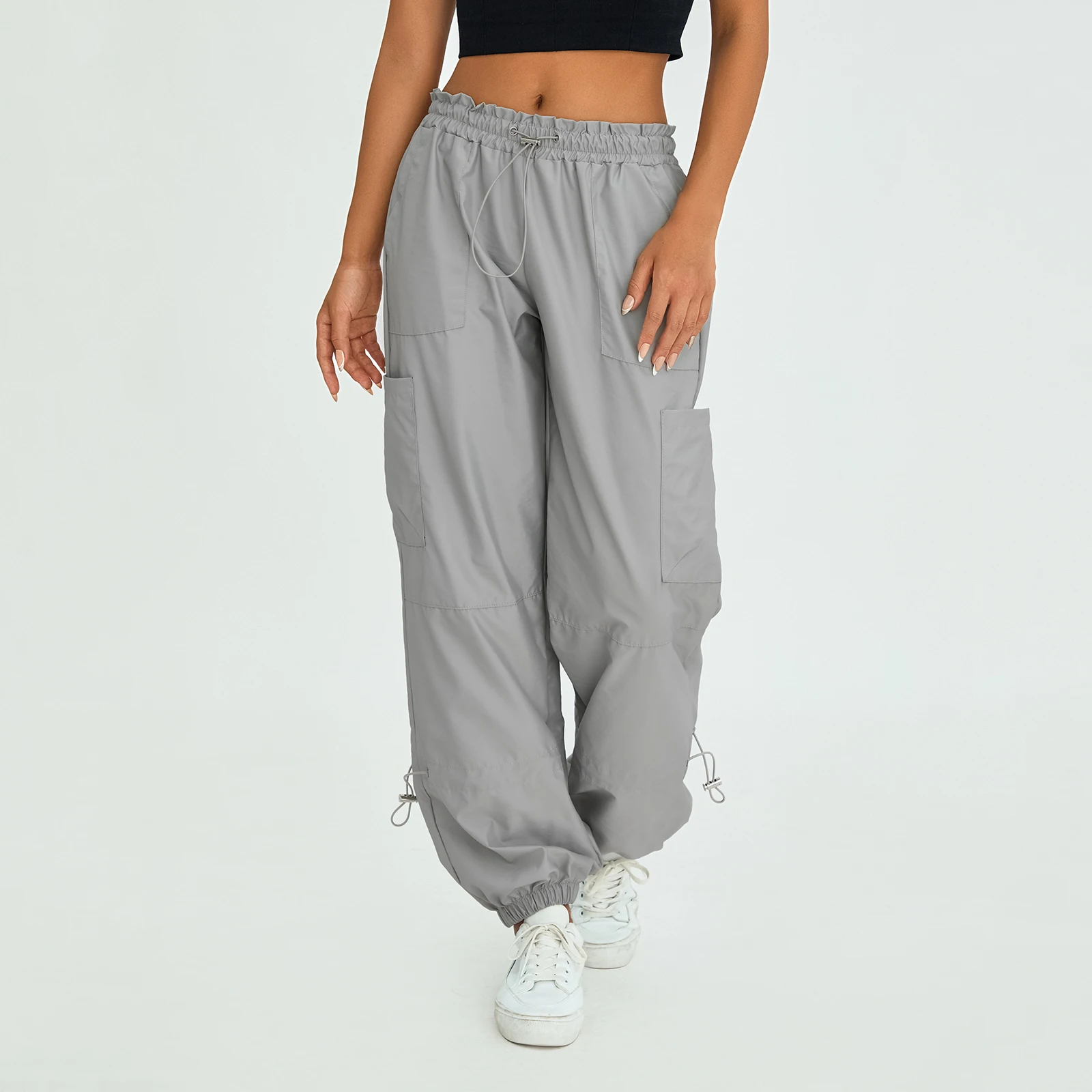 

Women Drawstring High Waist Sweatpants Solid Color Baggy Cargo Pants with Pockets Casual Trousers Y2K Streetwear