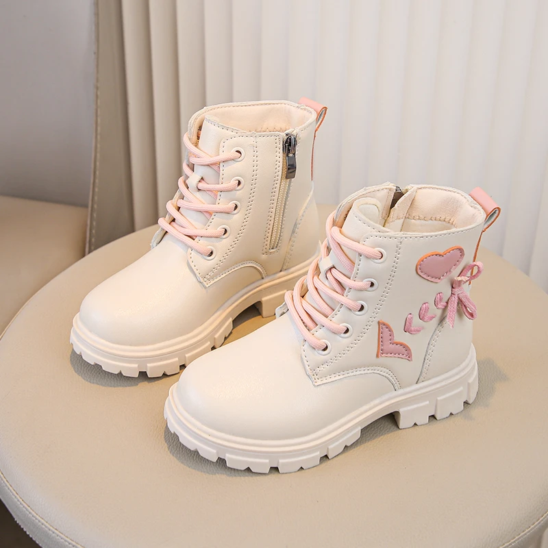 Girls Ankle Boots Children Fashion Boots Pink Elegant Zipper Love Pattern Kids Princess Leather Boots Anti-Slippery Size 26-37