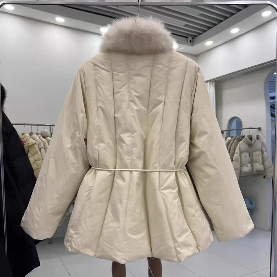 Winter Mid-length Big Real Fox Fur Collar White Down Duck Jacket Women White Duck Down Drawstring Outwear Female Quilted Jacket