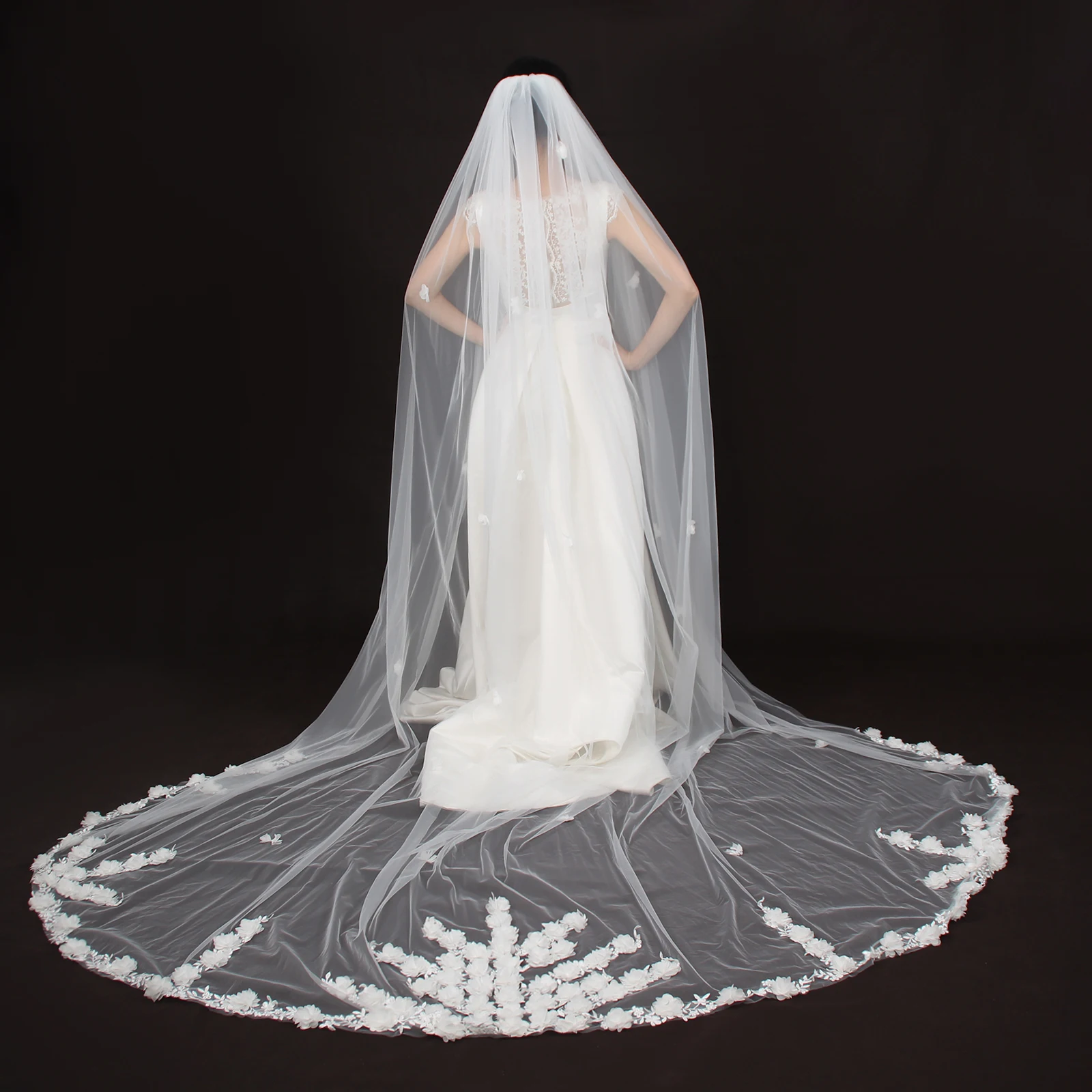 

Фата в соборе, длина, тюль, 3D цветочные аппликации в виде листьев, украшенная жемчугом, элегантный свадебный головной убор, аксессуар для невесты G48