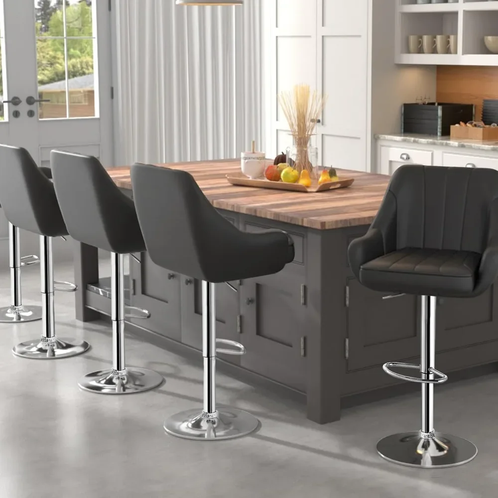 Ajustável Bar Stools Set com costas e braço, cadeiras giratórias PU, bancas Counter Altura, Kitchen Island, 2 PCs