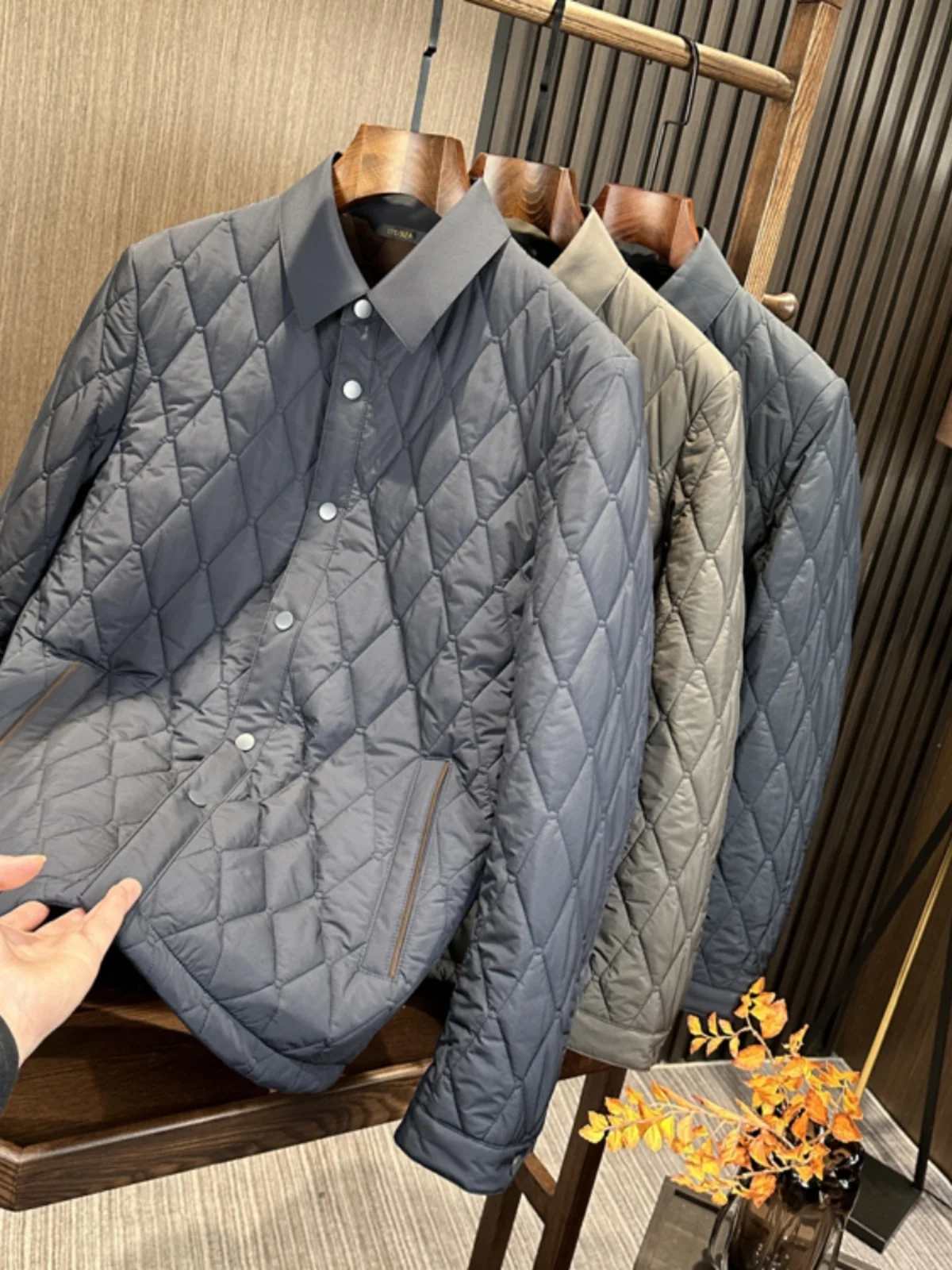 

Busin Commuter Versatile Winter New Sle Men's Pure Color irt Collar Flip Collar Diamond Pattern Cotton Jaet Outer Wa...