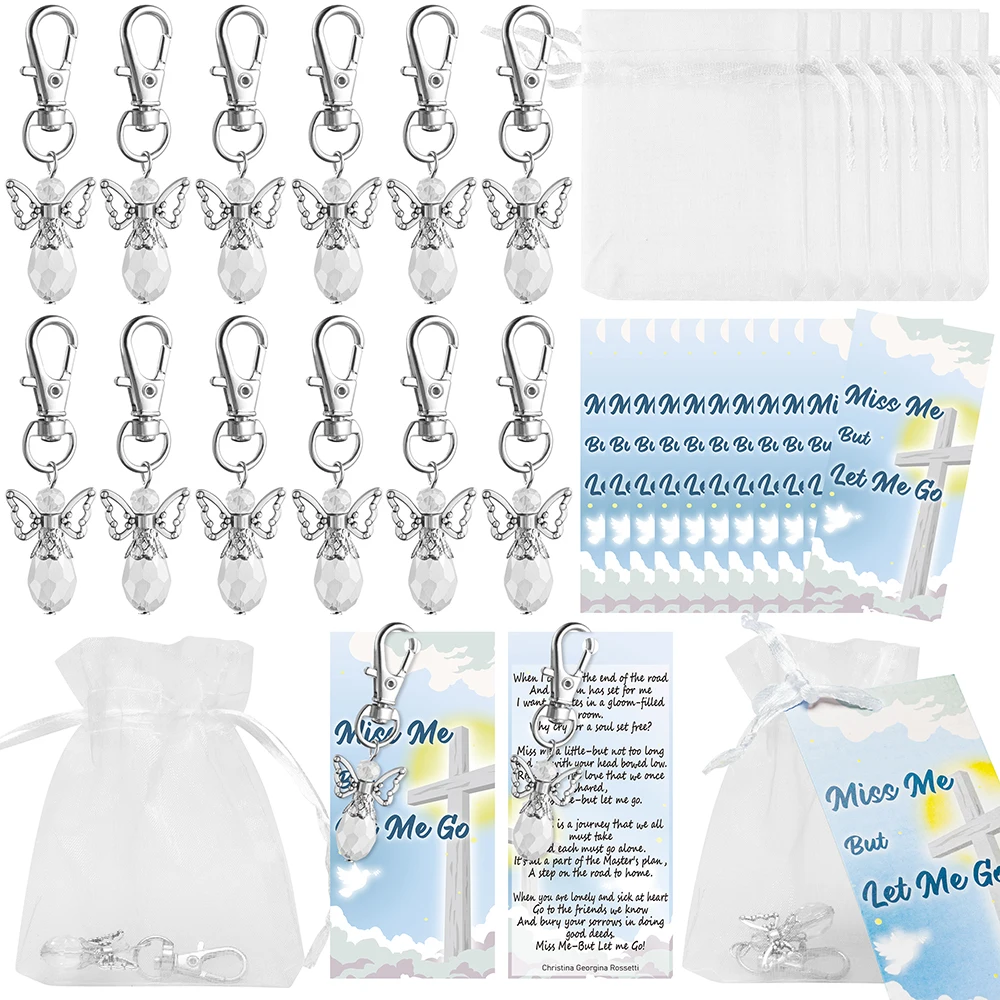 24Set Funeral Thank Tag Angel Key Chain Return Gift Miss Me But Let Me Go Prayer Card Organza Bag for Life Commemorative Party