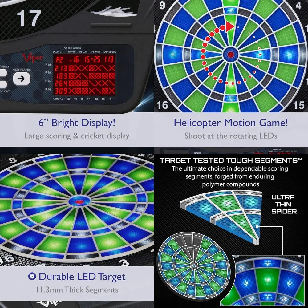 

Light-Up Electronic Dartboard: Enhanced Scoring with Blue & Green Zones, Ultra-Slim Spider