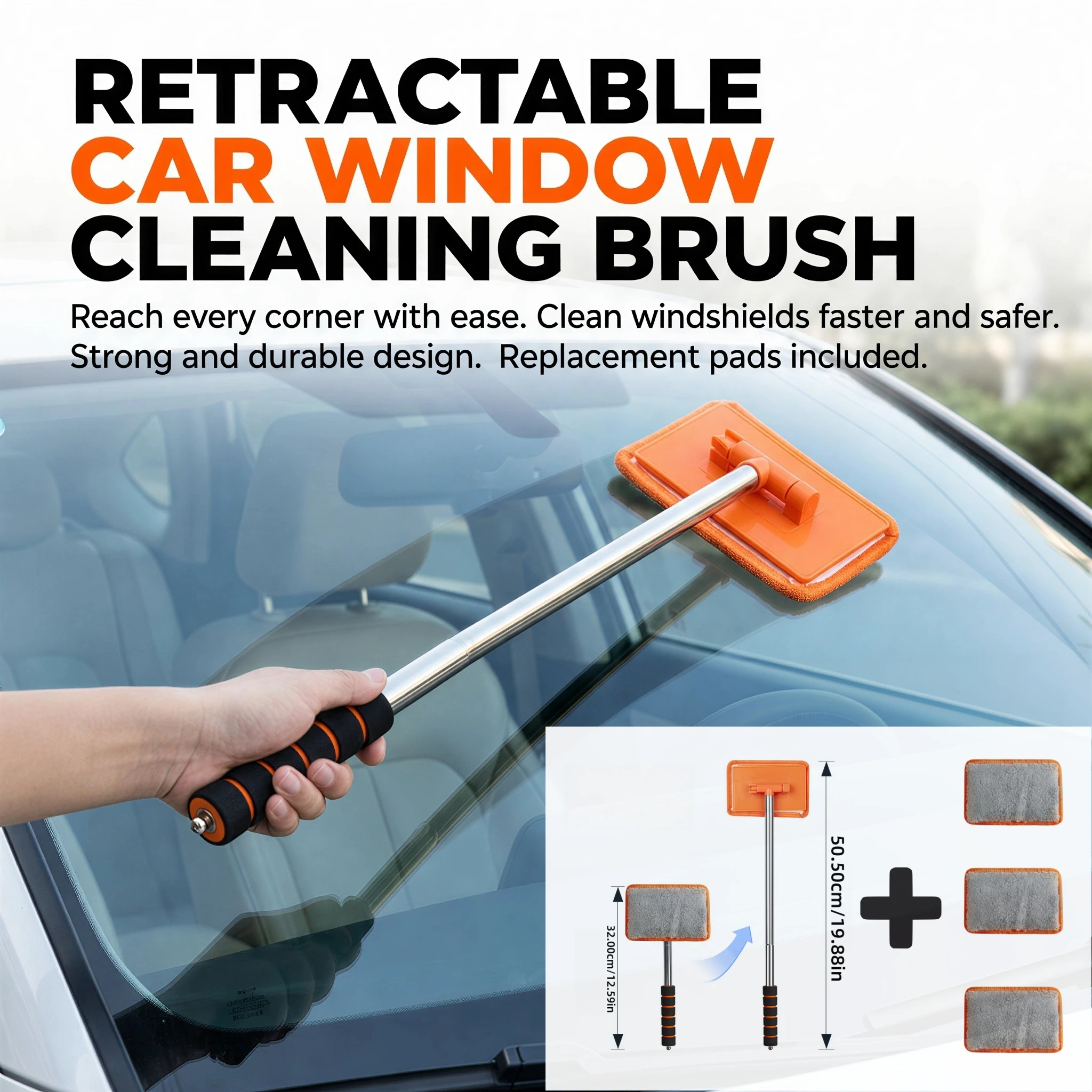 4-piece car windshield wiper cleaner set with 180° rotating head and extendable handle, car interior and exterior cleaning tool