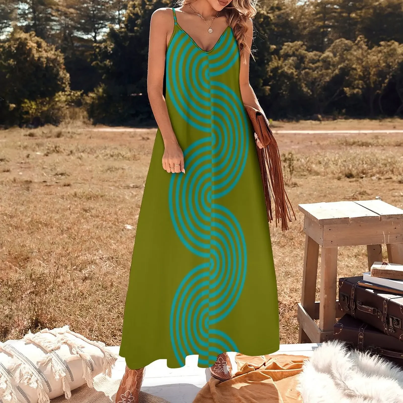 groovy minimalist pattern: aqua waves on olive Sleeveless Dress Dress women dresses korean style Dress