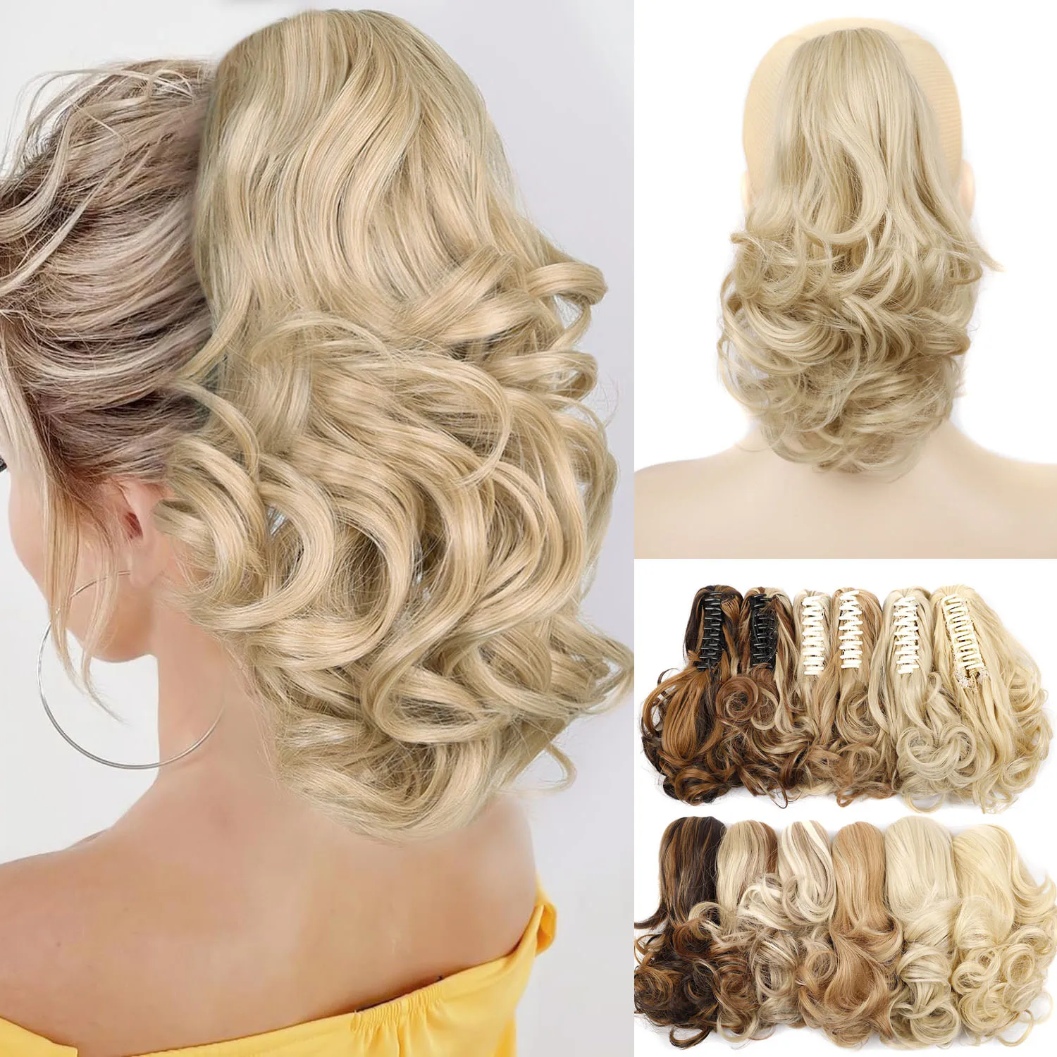 

Synthetic Claw Clip in Ponytail Extension Short Curls Hairpieces for Women 12inch Medium Blonde with Highlights