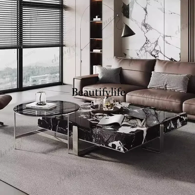 Y136 Italian minimalist square villa living room light luxury high-end rock slab coffee table combination
