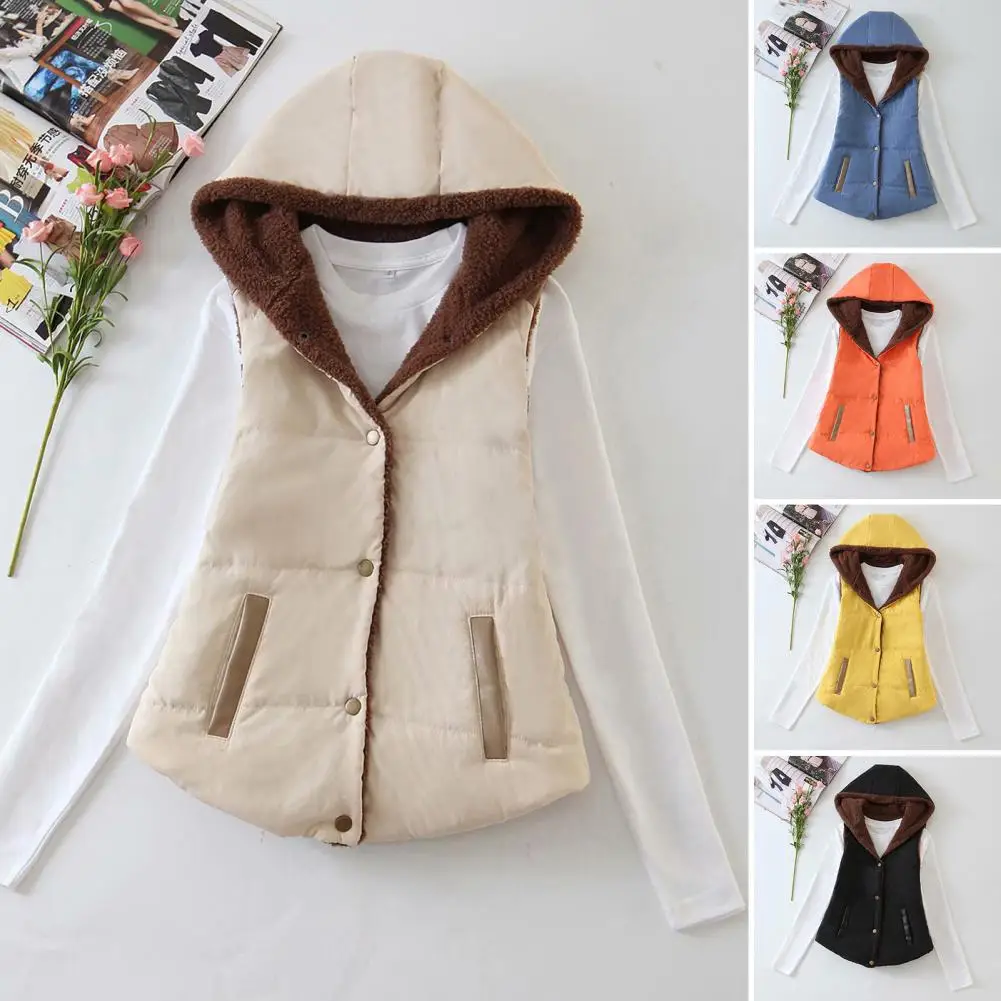 Vrouwen Winter Hooded Vest Overjas Single-Breasted Schuine Zakken Snoep Kleur Fluwelen Voering Katoen Gewatteerde Vest Bovenkleding