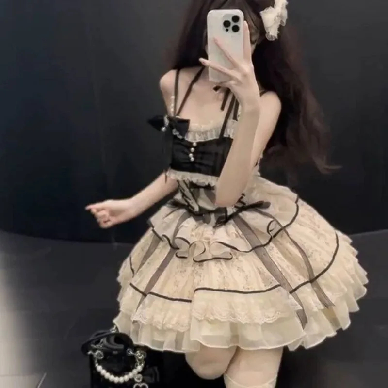 

Элегантное платье в стиле Лолиты в стиле темной академии, женское мини-платье принцессы с готическим бантом, японское милое шикарное летнее платье, новинка