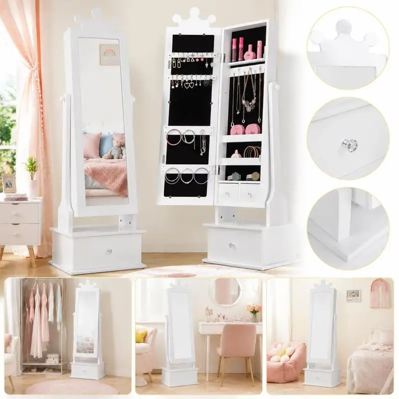 Armoire à bijoux pour enfants avec miroir sur toute la longueur et tiroirs, armoire de rangement Crown Vanity avec dispositif anti-chute, cadeau d'anniversaire pour les filles de plus de 3 ans, blanc