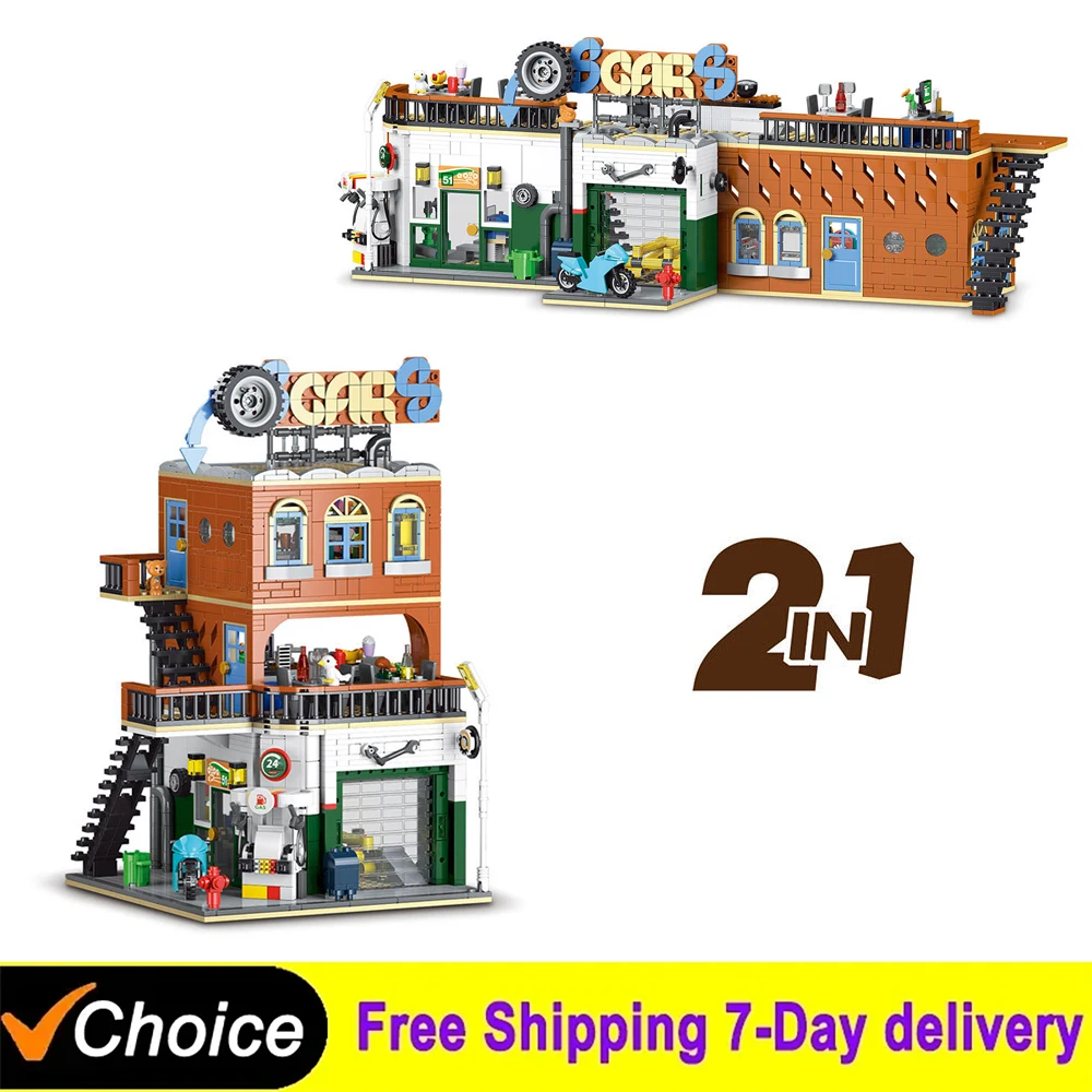 NEW 1637Pcs 2in1 Auto Repair Shop Street View Building Blocks Desktop Decoration Toy Set Bricks Educational Kids Birthday Gifts