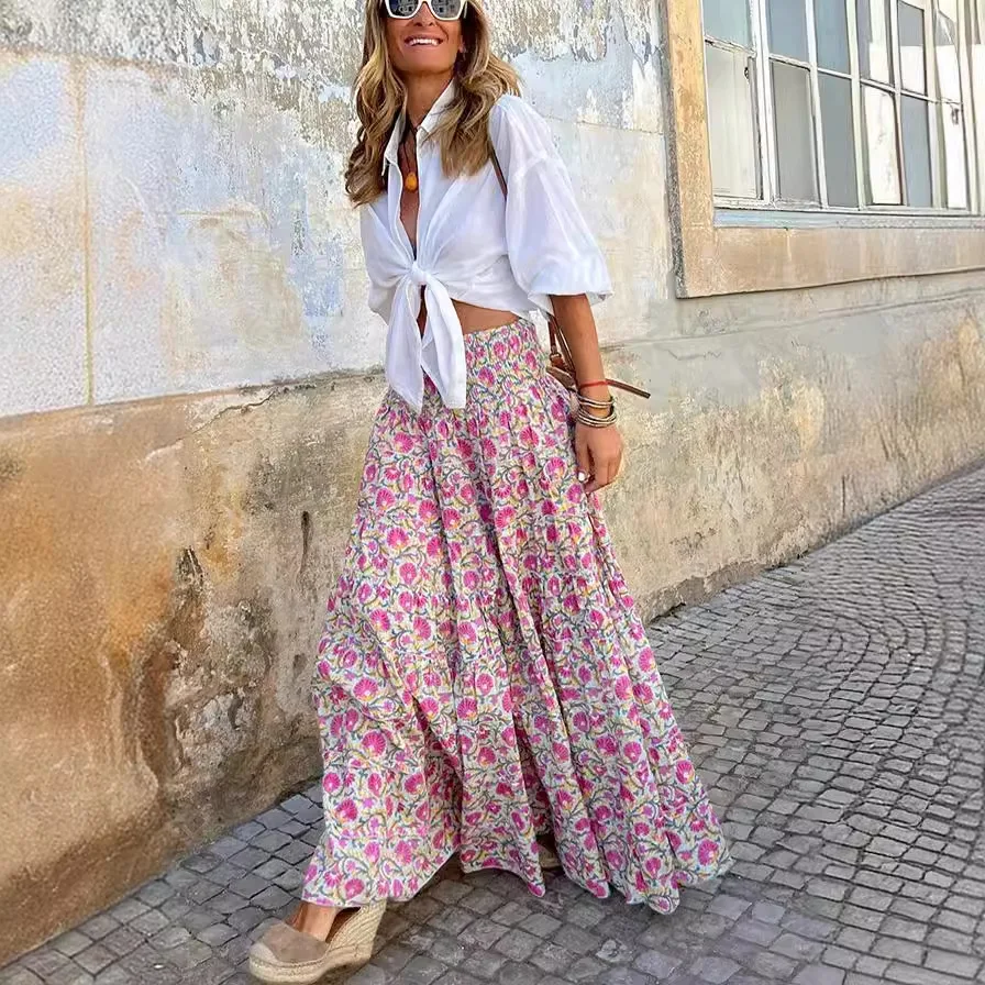 

2025 summer ropa de mujer leisure printed long skirt elastic waist swing holiday skirts saia feminina