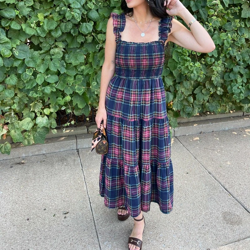 Combhasaki Donna Estate Senza Maniche Increspato Cinghie Larghe Smocked Collo Quadrato Backless A strati Flowy Swing Allentato A-line Abito Lungo