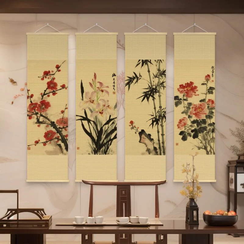 Paintings 30x100cm Four Panel Bamboo Slips Plum Orchid Bamboo Chrysanthemum Artwork Four Gentlemen Asian Botanical Wall Decor