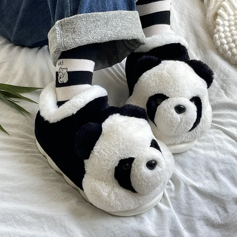 New Women Indoor Fluffy Slippers Cute Cartoon Panda Winter Warm Shoes For Couples Soft Plush Light Weight Women Men Home Slipper